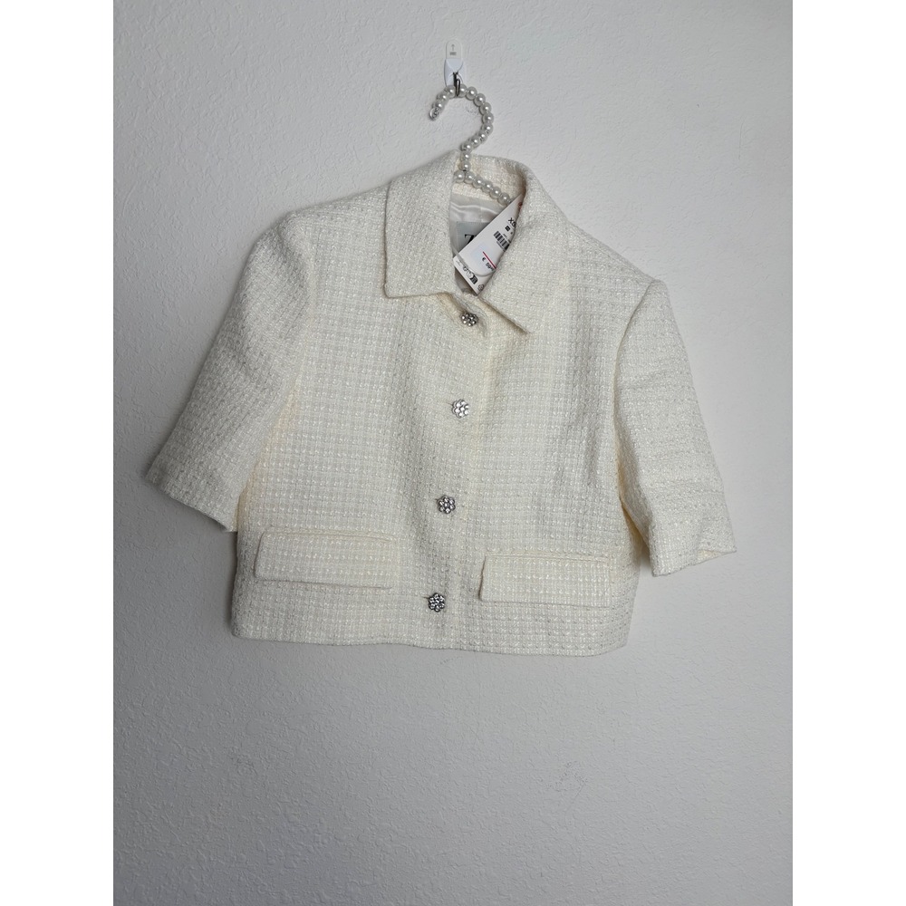 Zara Tweed Cropped Jacket XS‎ Cream White New Crystal Flower Button Short Sleeve - Picture 2 of 12